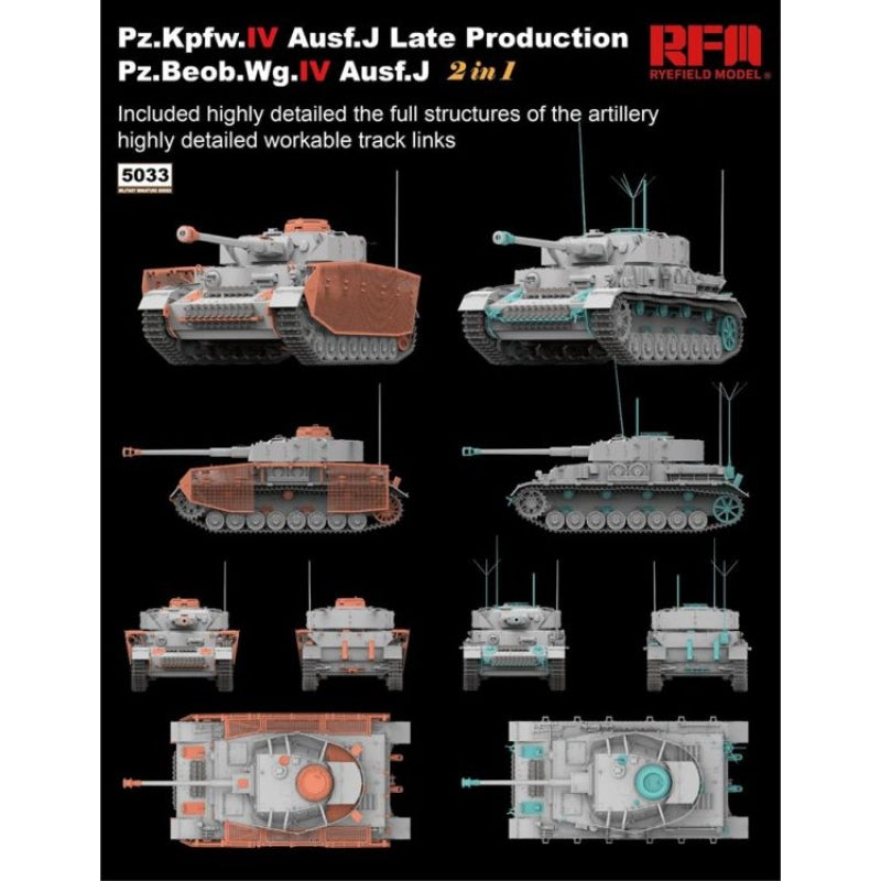 Rye Field Model 1/35 Pz.IV Ausf.J Late / Pz.Beob.Wg.IV 2 in 1 Kit w/ Workable Tracks